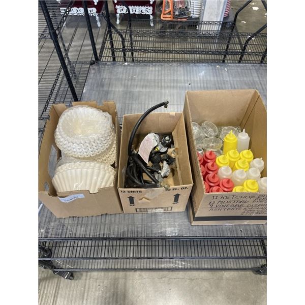 3 BOXES OF ASSORTED COMMERCIAL FOOD AND KITCHEN EQUIPMENT, COFFEE FILTERS ETC