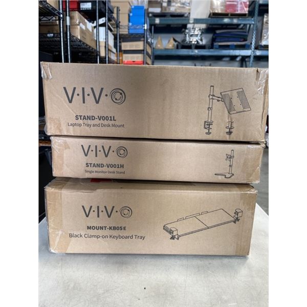 VIVO SINGLE MONITOR DESK STAND, CLAMP ON KEYBOARD TRAY AND LAPTOP TAY AND DESK MOUNT
