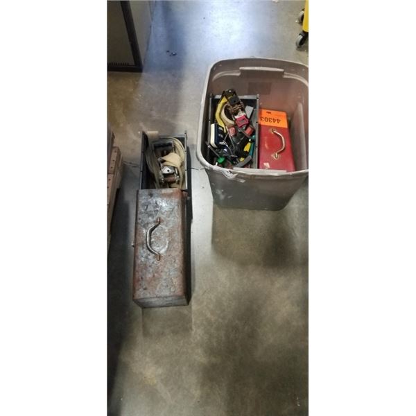 TOTE W/ METAL TOOL BOX, STRAPS, MISC ITEMS