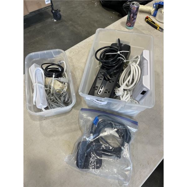 2 TOTES OF MULTI-OUTLET EXTENSION CORDS - ALL IN GOOD ORDER, AND APPLE TV BOX