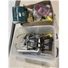 Image 1 : TOTE AND BOX OF MISC ITEMS-  ELECTRICAL BRACKETS, WORK LIGHT, GUN LOCK, BULBS, ETC