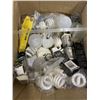 Image 2 : TOTE AND BOX OF MISC ITEMS-  ELECTRICAL BRACKETS, WORK LIGHT, GUN LOCK, BULBS, ETC
