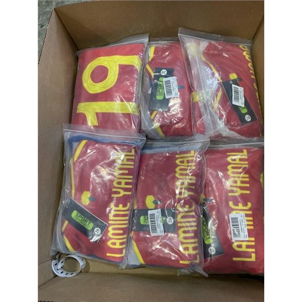 6 NEW 'LAMINE YAMAL'  #19 BARCELONA  SOCCER UNIFORMS, INCLUDES JERSEY, SHORTS AND SOCKS,  5 SIZE 20,