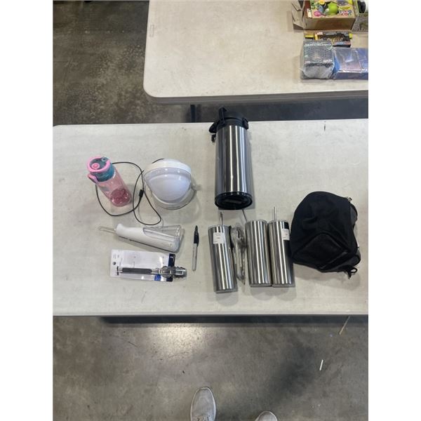 BOX OF STAINLESS STEEL CUPS WITH STRAWS, AND STAINLESS PUMP POT, LED COLOR CHANGING GLOBE WATER PICK