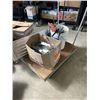 Image 1 : METAL SHOP CART, WORK STEP, GREASE GUN HOLDERS, AND BOX OF HANGERS