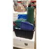 Image 1 : ASSORTED RUBBERMAID STORAGE TOTE LIDS, BLACK AND BLUIE STORAGE TOTE,  AND INTERLOCKING FOAM MATTS, S