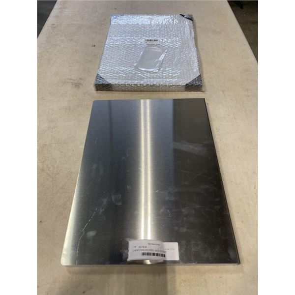 2 NEW STAINLESS STEEL 16X12 CUTTING BOARDS, WITH NON SLIP EDGE, 304 STAINLESS RETAIL $35 EACH