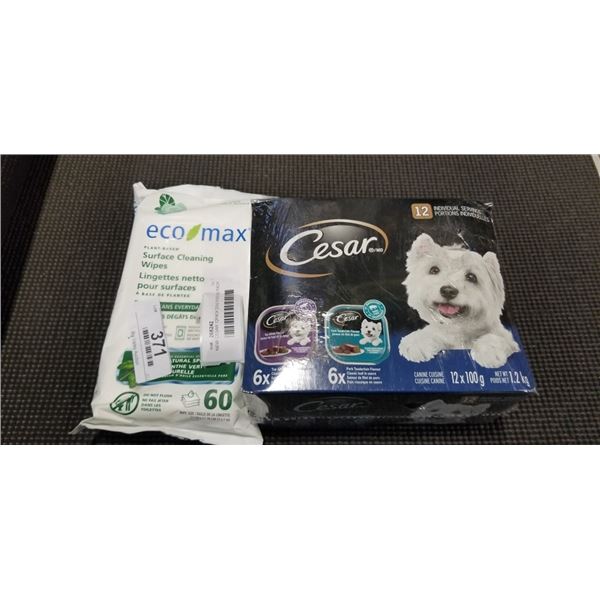 NEW CESAR 12PACK DOG FOOD AND PACK OF SURFACE CLEANING WIPES