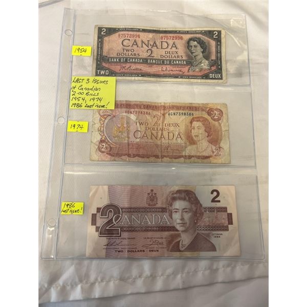 LAST 3 ISSUES OF CANADIAN $2 BILLS 1954, 1974, 1986