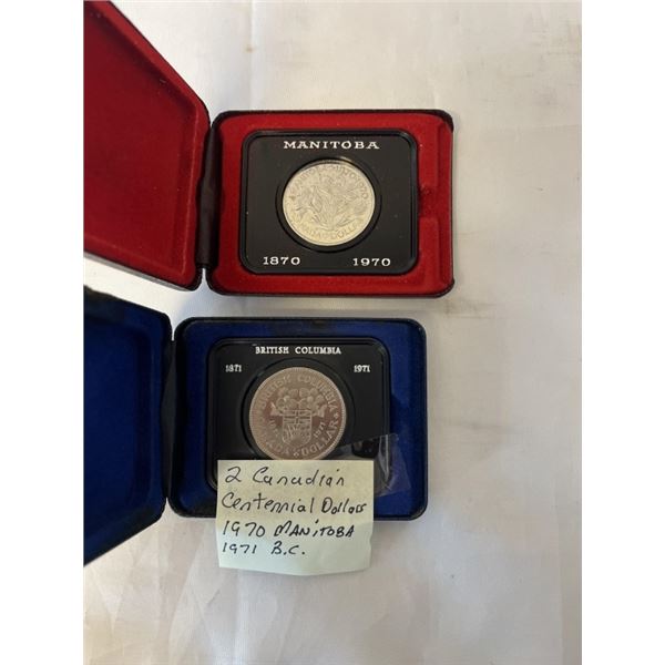 2 CANADIAN $1 COINS 1970 MANITOBA CENTENNIAL, 1971 BC CENTENNIAL