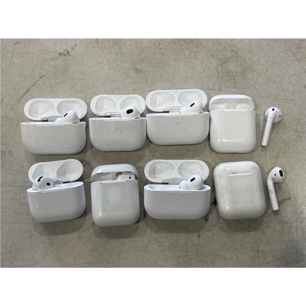 8 ASSORTED APPLE AIRPOD CASES, WITH 1 AIRPOD IN EACH CASE, LOST PROPERTY ITEMS