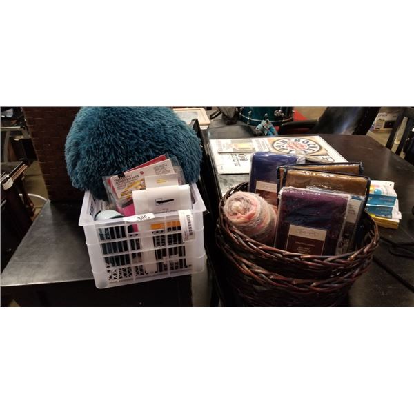2 BASKETS, ASSORTED NEW BEDDING, AND CRATE WITH NEW BATH ITEMS