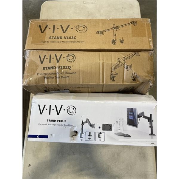 VIVO FLUSH TO WALL TRIPLE MONITOR DESK MOUNT, PNEUMATIC ARM DUAL ULTRAWIDE MONITOR DESK MOUNT AND PN