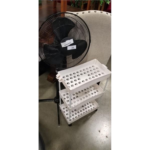 BLACK FLOOR FAN AND WHITE ROLLING ORGANIZER