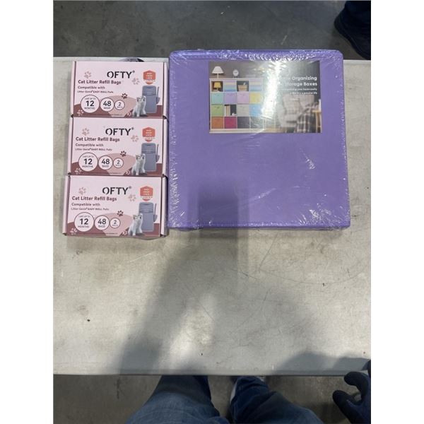 NEW 2 PACK LAVENDER HOME ORGANIZING STORAGE BOX AND 3 NEW CAT LITTER REFILL BAGS, 48 BAGS EACH BOX