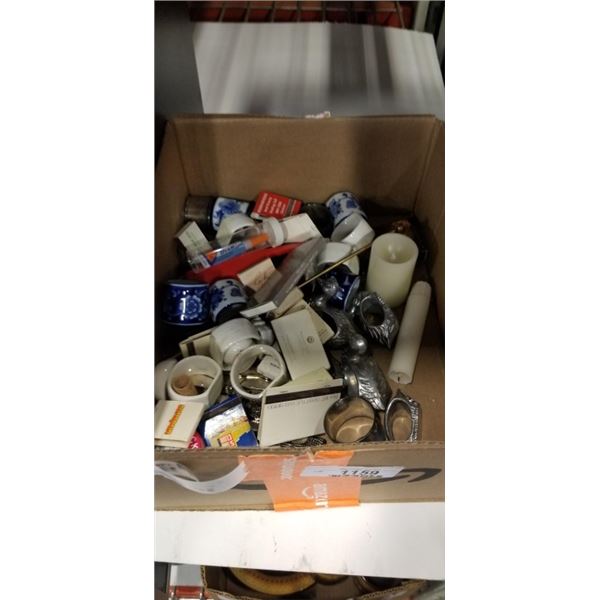 BOX OF STAINLESS CUTLERY, VINTAGE NAPKIN RINGS, MATCHES, ETC