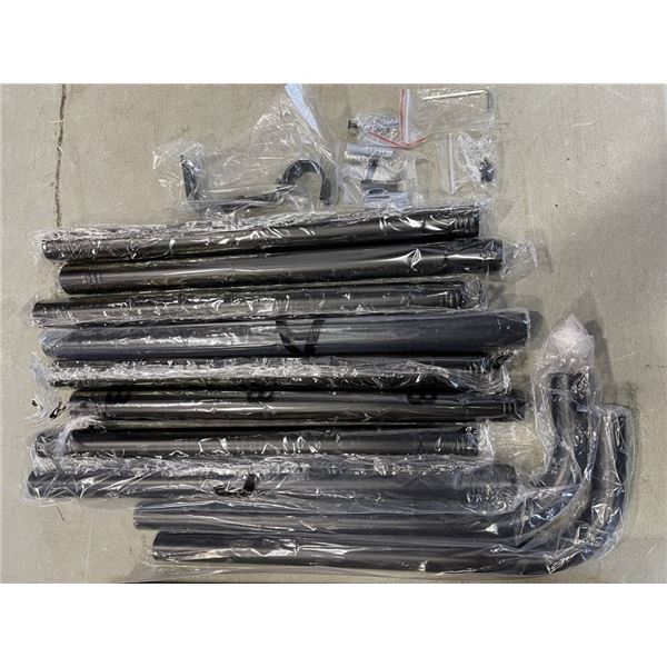 2 NEW BLACK 66 INCH TO 120 INCH CURTAIN HOLDERS, MOUNT ABOVE OR IN FRONT