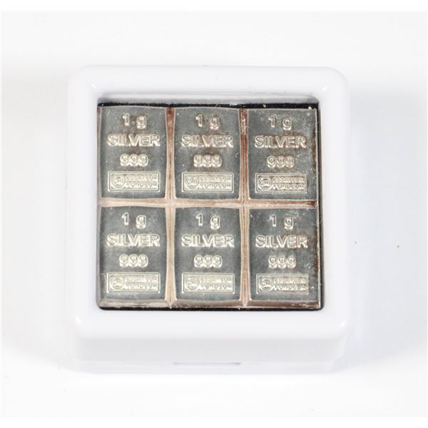 SIX 1 GRAM SILVER BARS IN GEMSTONE DISPLAY BOX