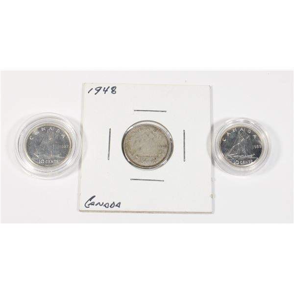 THREE CANADIAN SILVER DIMES