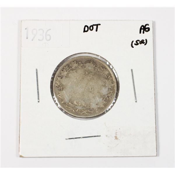 1936 CANADIAN SILVER QUARTER 80% SILVER .15 OZ