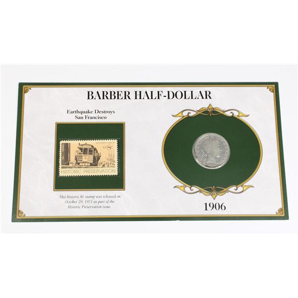 1906 BARBER HALF DOLLAR IN PANEL WITH FASCINATING
