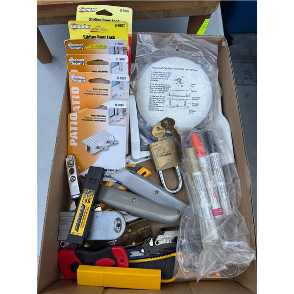 Sliding door locks, master lock with keys, X-Acto knives markers