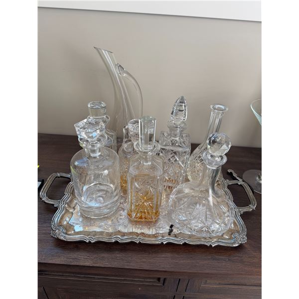 Cut glass and crystal decanter with silver plate tray