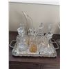 Image 1 : Cut glass and crystal decanter with silver plate tray
