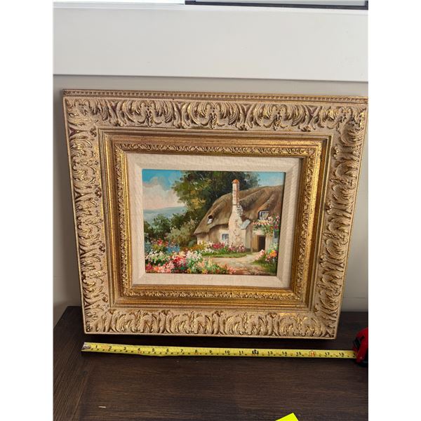 Cottage scene original oil on canvas with ornate frame