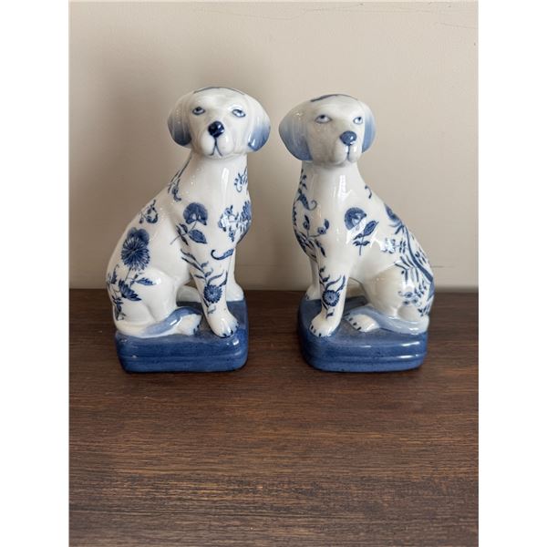 Pair of Staffordshire porcelain blue dogs Weiss, Scully &scully  Wong Lee 8" tall