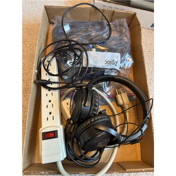 Headphones and electronics, power bar, etc.