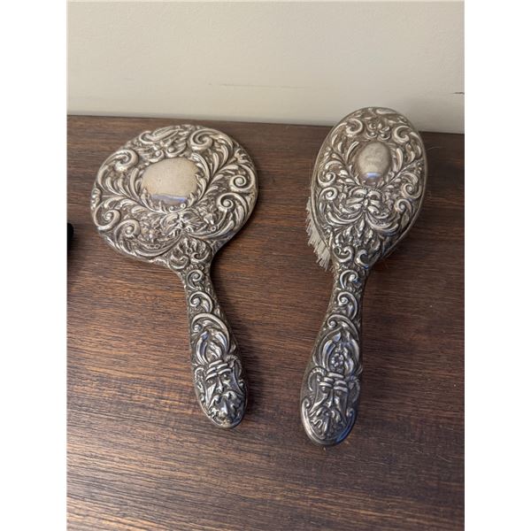 Reprousse  Sterling mirror and brush vanity set