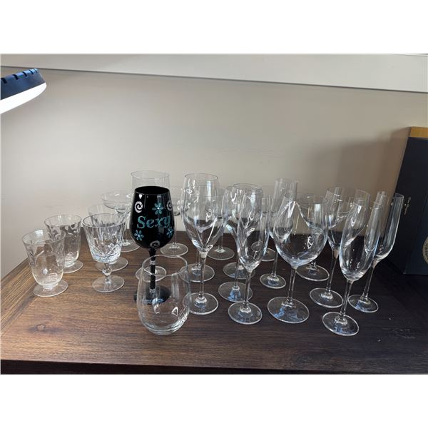 Crystal and other wine glasses martini glasses margarita glasses, etched glasses