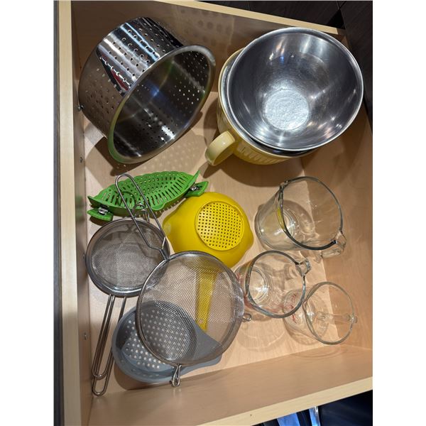 Glass measuring cups, mixing bowl, strainers, etc.