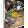 Image 1 : Glass measuring cups, mixing bowl, strainers, etc.