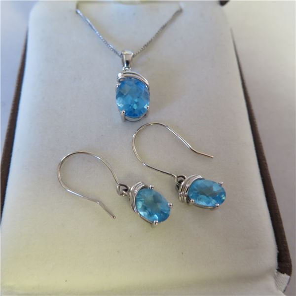 10K White Gold matching pendant, chain & earrings with blue stones