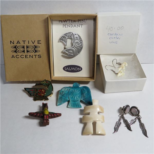 Indigenous lot.  This lot contains 2 pairs of earrings and 5 brooches