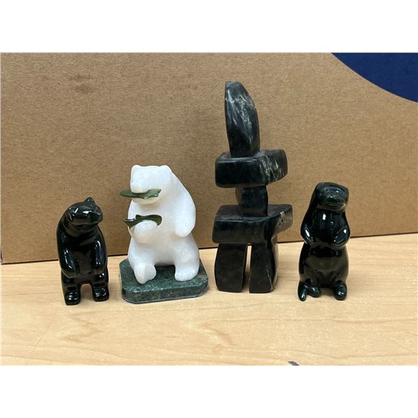 4 Mini (Alaskan Jade / Soapstone?) Inuit Carvings - tallest 4"