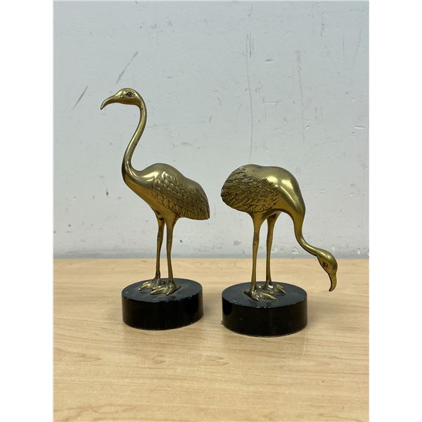 2 Brass Flamingos on Stone Bases - tallest 8.25"