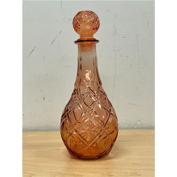 Vintage Pink Embossed Glass Decanter 11.5"T