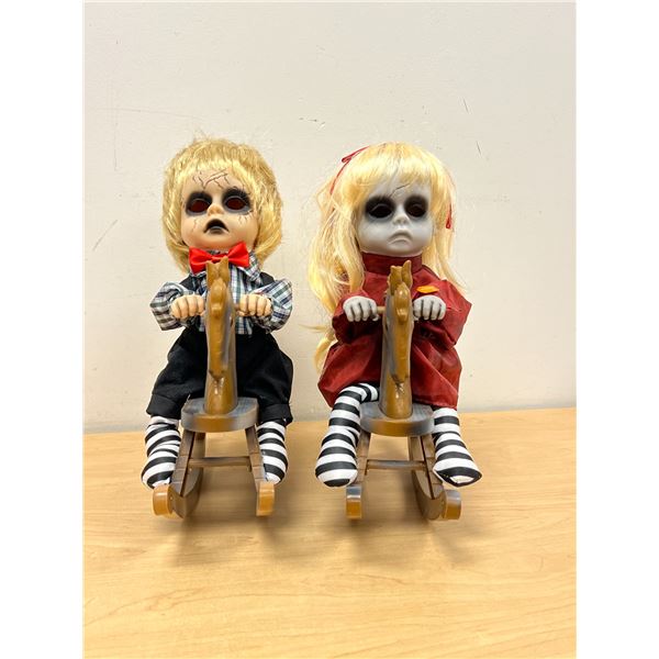Halloween Décor - Creepy Dolls on Rocking Horses - Rocking / Musical Working 12"W 14"T
