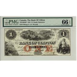 The Bank of Clifton, 1859 $1 #8736, CH-125-10-04-02, PMG UNC66EPQ. Best example seen.