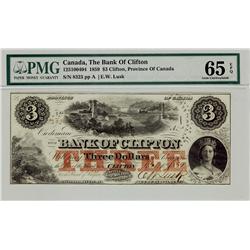 The Bank of Clifton 1859 $3 #8223 CH-125-10-04-04, PMG Gem UNC65 EPQ.