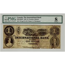 The International Bank of Canada  1858 $1 CH-380-10-02-04, PMG VG8.  Scarce Issue.