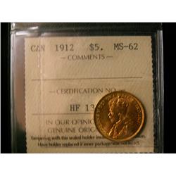 1912 $5 Gold ICCS MS62. Lots of lustre.