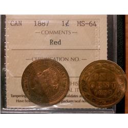 1887 1¢  ICCS MS64RD.  A great example, 85% red with lots of lustre.