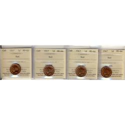 1947 1¢ ICCS MS64RD.  Lot of 4 coins all red.