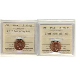 1949 1¢ A Off Dent ICCS MS65RD.  Lot of 2 coins all red.