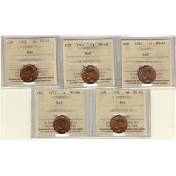 1951 1¢ ICCS MS64RD.  Lot of 5 coins all red.