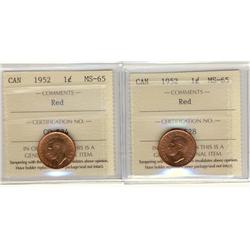 1952 1¢ ICCS MS65RD.  Lot of 2 coins all red.